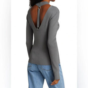 HELMUT LANG Ring Cutout Mockneck Pullover Top Gray Ling Sleeve Sweater